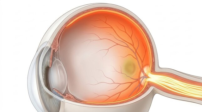 Detailed cross-section illustration of the human eye anatomy and optic nerve