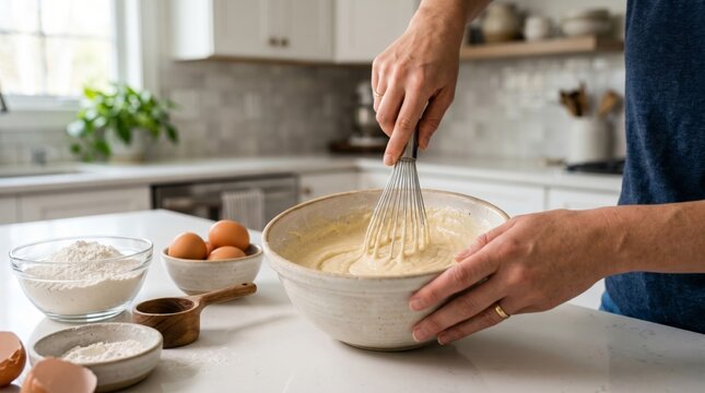 Woman whisking dough in bowl in home kitchen. Baker preparing batter for cake or bread. Homemade food preparation process. Culinary hobby, healthy lifestyle and domestic baking activity.