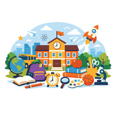 Naklejka premium Colorful School Building with Education Elements Illustration