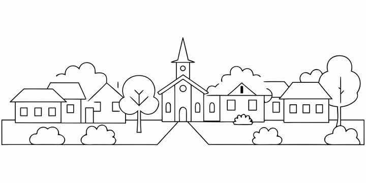 line drawing of a small town landscape with buildings and trees
