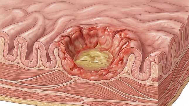 Cross-section of inflamed intestinal lining with ulcer and pus formation