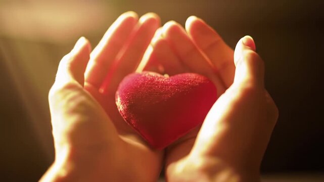 Extreme close-up video of fair hands slowly revealing a glowing crimson velvet heart with creamy bokeh and soft golden light. Profound tenderness concept