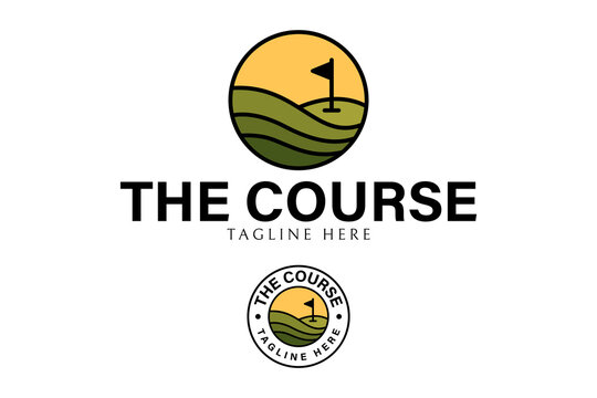Golf course landscape minimalist logo design set for sport team. Golf fairway emblem logo graphic for academy and club. Country golf club with course and flag identity for tournament and league