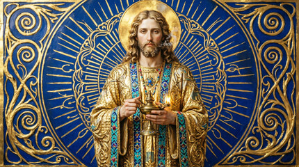 Obraz premium Weeping Jesus holds a golden oil lamp as divine rays pierce the surrounding darkness.