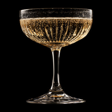 A filled champagne coupe glass with golden bubbles on black background with clipping path