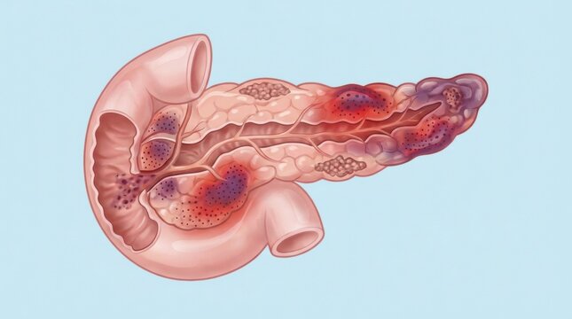 Illustration of inflamed pancreas showing areas of necrosis and hemorrhage