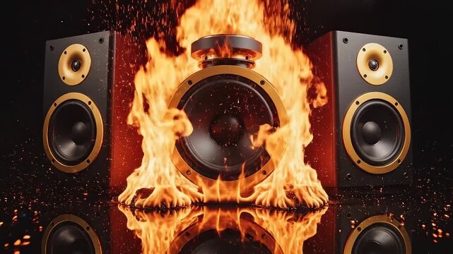 Audio speakers engulfed in flames highlighting vibrant colors and contemporary design