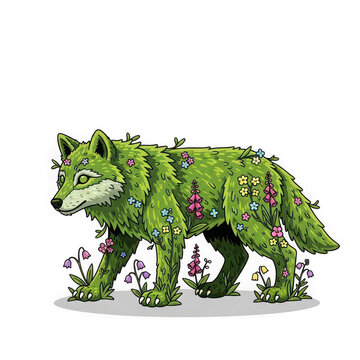 Green fox among wildflowers isolated on transparent background