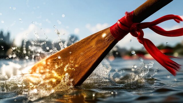 paddle. Dragon boat paddle cutting through water with red ribbon, dynamic action. event key visuals, club posters, designed for fitness apps and gym onboarding, boosts motivation.