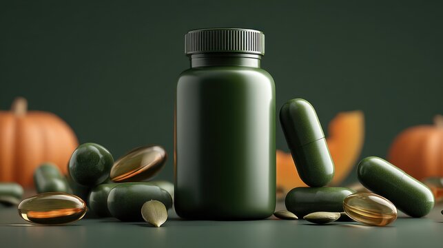 Natural pumpkin seed supplement bottle with green capsules for autumn and thanksgiving label design packaging background