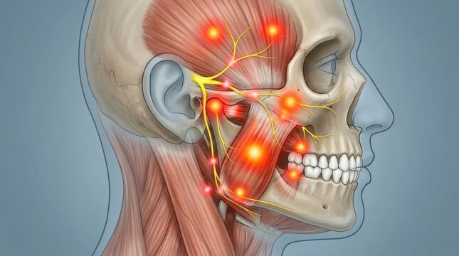 Anatomical illustration of the human jaw muscles and nerves with pain points