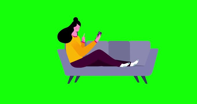 Woman lying on sofa with phone westing time on green screen. Cartoon animation of businesswoman character female finger palm scrolling gsm phone screen. Business explainer flat design people serie mov