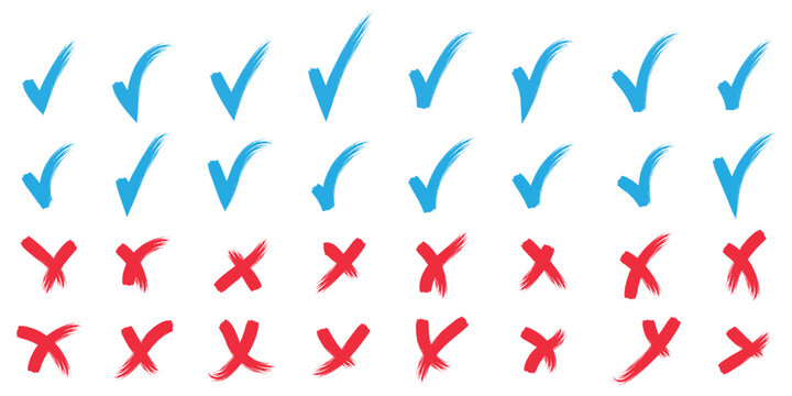 Check marks doodle with crayon texture. Checkbox, checklist, tick and cross signs, v and x in hand drawn style. Vector green and red sketch illustration. hand drawn icon set. Cross box x check mark 
