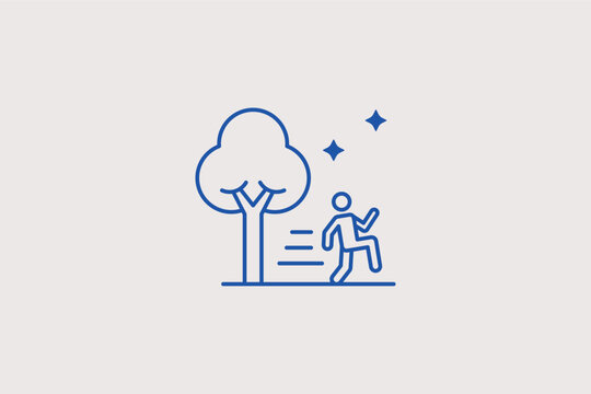 A person running away from a falling tree line icon for natural disaster safety manuals and emergency evacuation guides. Vector illustration for forest park warning signs and survival mobile apps.