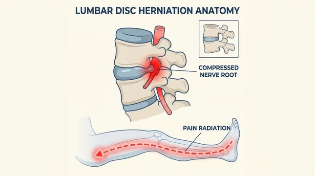 Lumbar disc herniation anatomy showing compressed nerve root and pain radiation