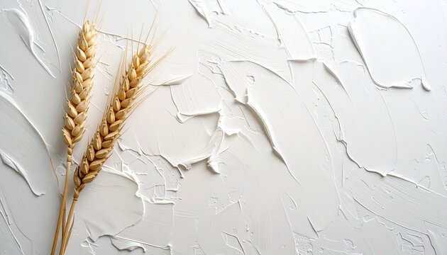 Golden wheat stalks resting on a rustic white textured background featuring artistic plaster strokes for a minimalist organic aesthetic design.