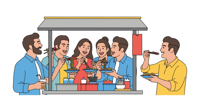 Street Food Delight: A group of happy friends enjoys delicious street food from a bustling stall, sharing laughter and good times in a vibrant urban setting.