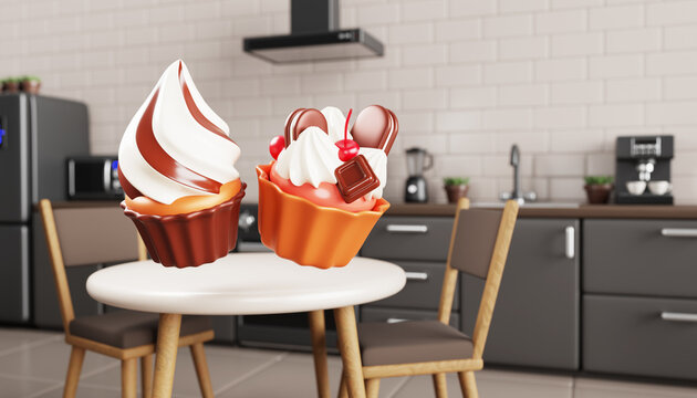Home baking, 3d muffins in modern kitchen. Homemade pastries, cupcakes with cream, chocolate, cookies and cherry. Realistic interior design with baked goods, sweet party desserts. 3D illustration