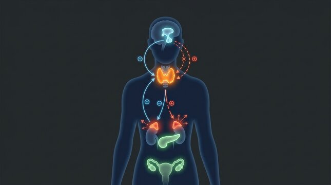 Illustration of human body with endocrine system highlighted in neon colors