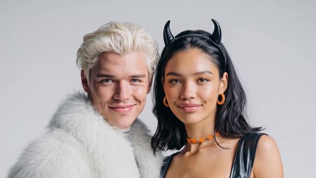 Stylish couple in faux fur coat and devil horns posing for a fashion shoot. A fashionable young couple with platinum blonde hair and dark hair adorned with devil horns