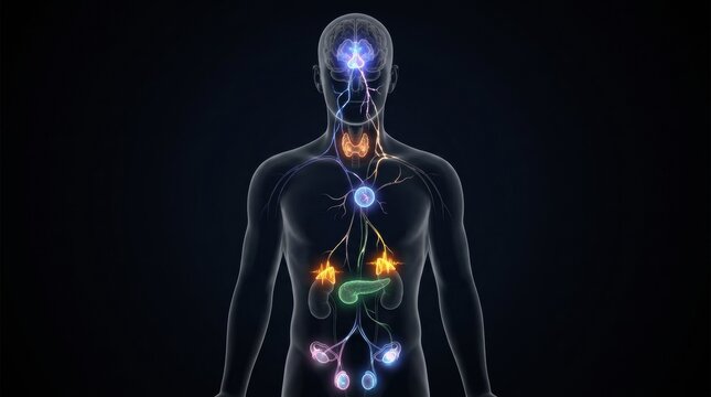 Detailed 3D illustration of the human endocrine system and brain connections