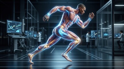 Obraz premium Human anatomy visualization of a runner in a futuristic science lab