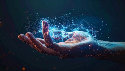 Fototapeta premium A glowing human hand interacting with a futuristic digital network of interconnected data points representing innovation and technology.