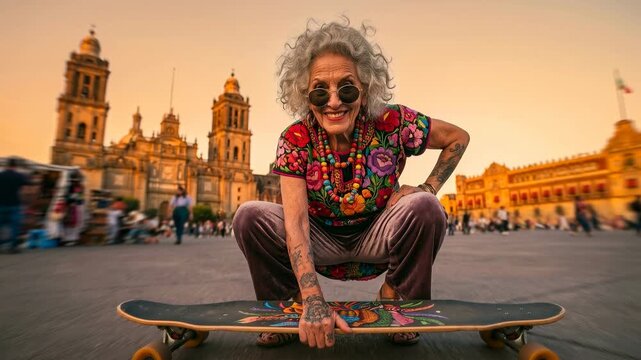 Elderly woman with skateboard in front of historic building at sunset. A stylish elderly woman with grey curly hair and sunglasses poses with her skateboard in a bustling city