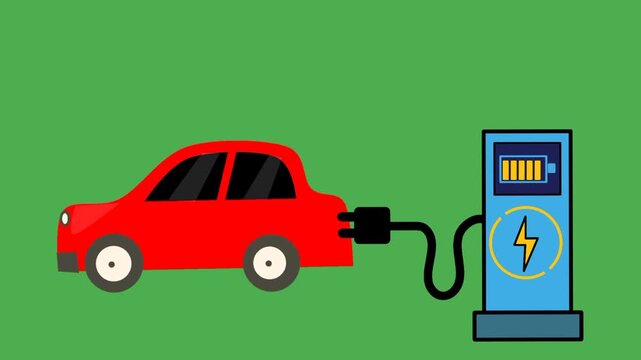 Electric vehicle charging station with car connected to power charger in modern transportation concept. Clean energy and sustainable mobility illustration