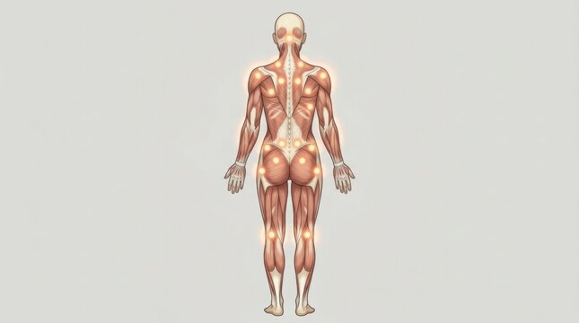 Posterior view of human muscular system with glowing trigger points highlighted