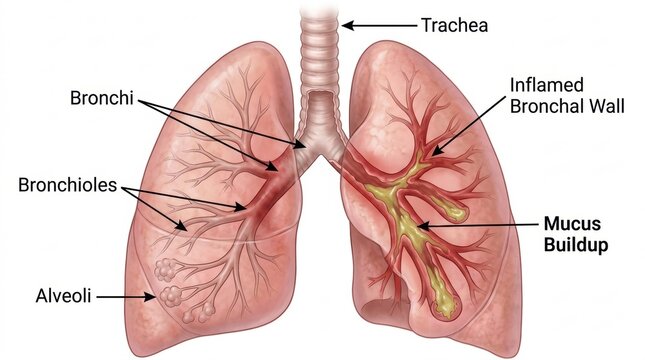 Anatomical illustration of human lungs showing inflammation and mucus buildup