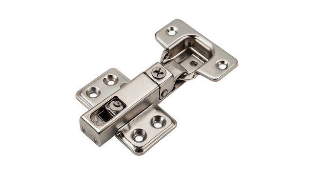 Metallic silver steel furniture cabinet door hinge hardware component for installation and woodwork renovation on transparent background