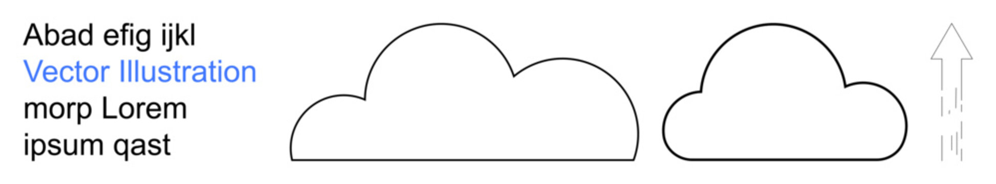 Weather patterns, cloud computing, digital design, abstract concepts, creativity, direction. Two outlined cloud shapes next to an upward arrow and placeholder text. Weather patterns and cloud