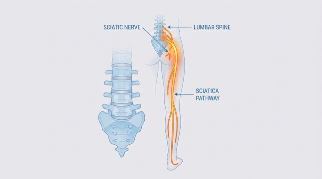 Diagram illustrating the sciatic nerve pathway from the lumbar spine down the leg