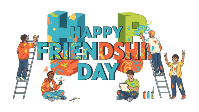 Happy Friendship Day: Children joyfully create a vibrant Happy Friendship Day mural, celebrating camaraderie and shared creativity with paint and brushes.