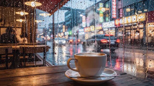 Coffee cup by rainy window ideal for eco-friendly campaigns and travel vlogs