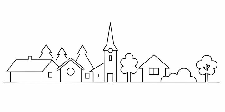 line drawing of a small town landscape with buildings and trees