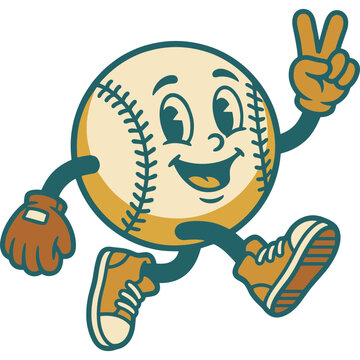A smiling cartoon baseball character runs happily outdoors with a peace sign.