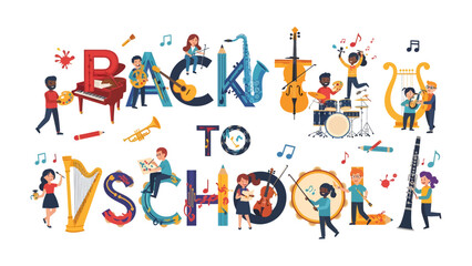 Back to School Music Celebration: A vibrant illustration depicts children engaging with musical instruments. © Ahsan