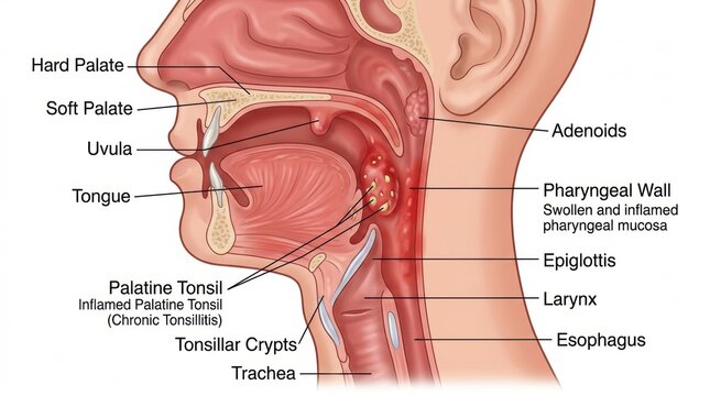 Anatomical illustration of the human throat and nasal cavity with labels
