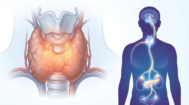 Human endocrine system illustration showing thyroid, parathyroid, and adrenal glands
