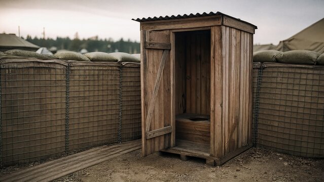 latrine. A simple wooden latrine structure in a military camp corner. gardening catalogs, home-decor guides, designed for home decor and floral branding, celebrates nature.