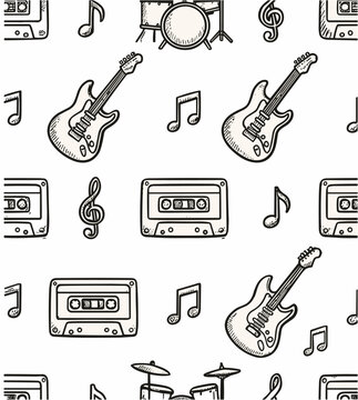 Seamless pattern of hand drawn music instruments and guitar doodle