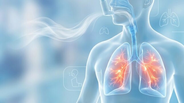 Medical illustration of a person using an inhaler for respiratory health and lung function