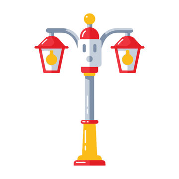Double Headed Street Lamp Post with Red Shades and Yellow Light Bulbs for Urban Illumination