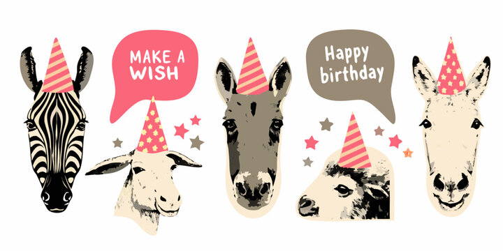 vector illustration of animals with birthday party hats and speech bubbles