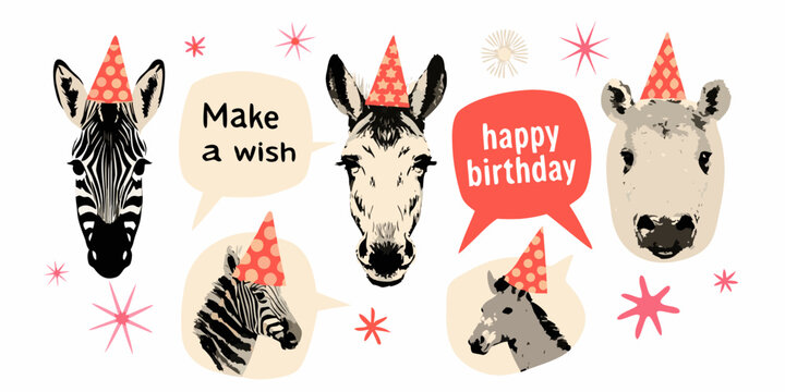 vector illustration of animal heads with party hats and speech bubbles