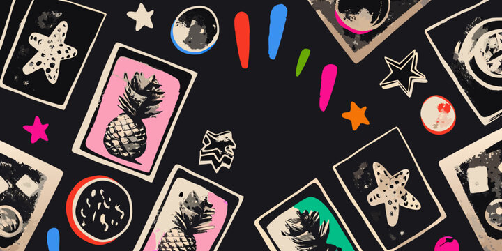 retro collage with pineapple starfish and floral elements on black background
