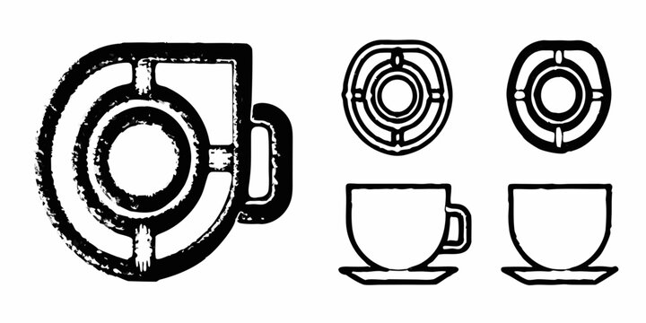 technical drawing of coffee pot and cup with saucer black and white