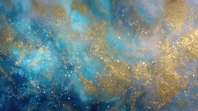 Abstract blue and gold background with flowing glitter particles. Artistic fluid painting effect with shimmering dust. Luxury textured wallpaper for creative design and elegant decor.